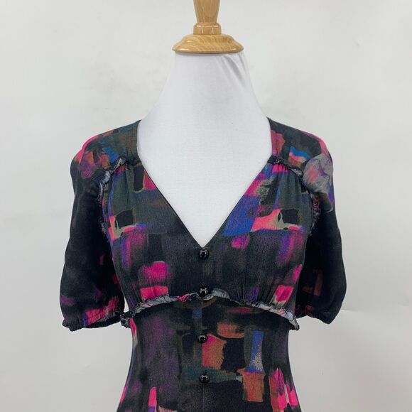 Plenty Tracy Reese Midi Dress XSP Petite Back Zip Round Buttons Puff Sleeve Geo - Picture 3 of 16